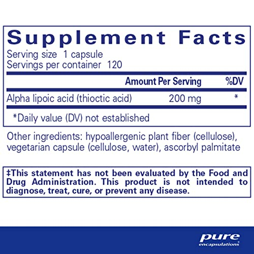 Foto 3 pulgar | Suplemento De Ácido Alfa Lipoico De Pure Encapsulations 200 Mg 120 C - Venta Internacional.
