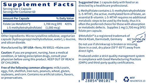 Foto 3 pulgar | Suplemento De L-metilfolato De Klaire Labs 1000 Mcg (60 Cápsulas) - Venta Internacional.