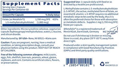 Foto 2 | Suplemento De L-metilfolato De Klaire Labs 1000 Mcg (60 Cápsulas) - Venta Internacional.