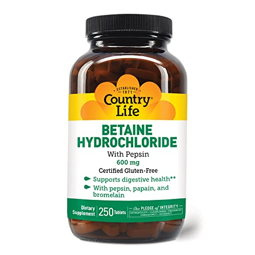Suplemento De Clorhidrato De Betaína Country Life Con Pepsina 600 Mg - Venta Internacional.