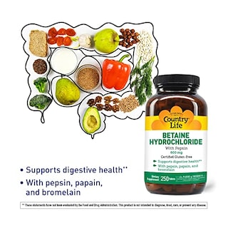 Foto 4 | Suplemento De Clorhidrato De Betaína Country Life Con Pepsina 600 Mg - Venta Internacional.