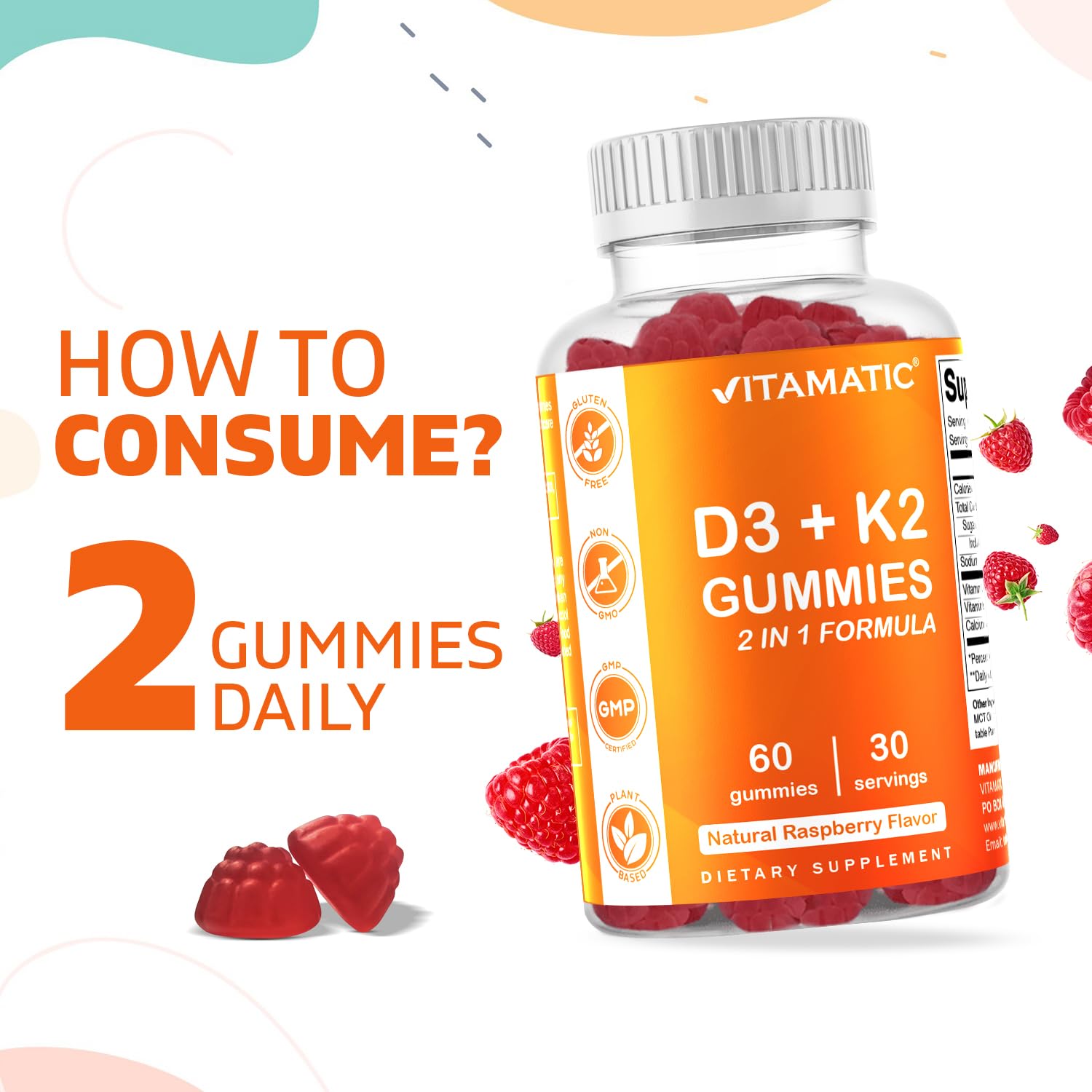 Foto 4 | Gomitas De Suplemento Vitamático Con Vitamina D3 K2, 60 Unidades - Venta Internacional.