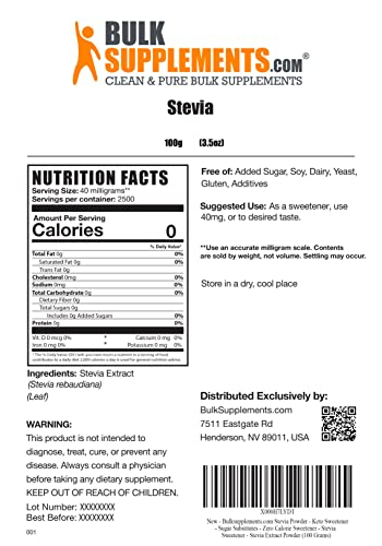 Foto 3 pulgar | Extracto De Stevia En Polvo Bulksupplements.com 100 G - Cero Calorías - Venta Internacional.