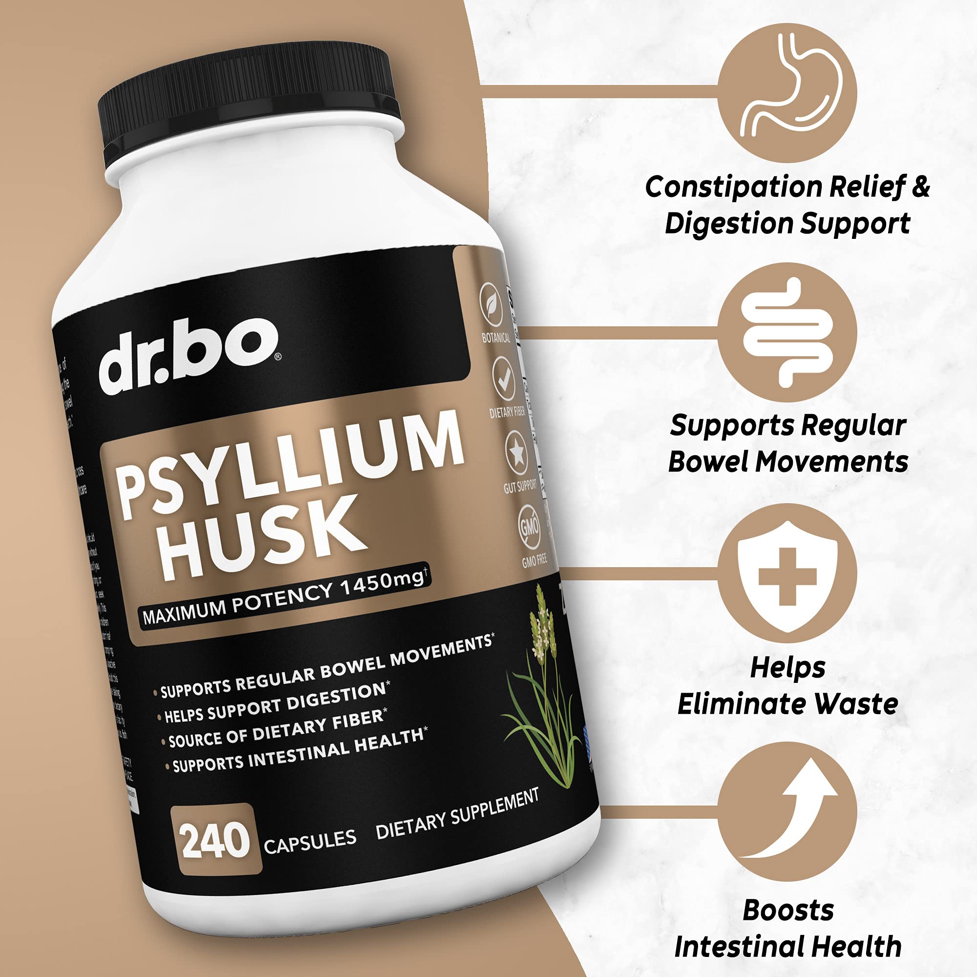 Foto 3 pulgar | Suplemento De Fibra Psyllium Husk Capsule Dr. Bo Daily Dose - Venta Internacional.