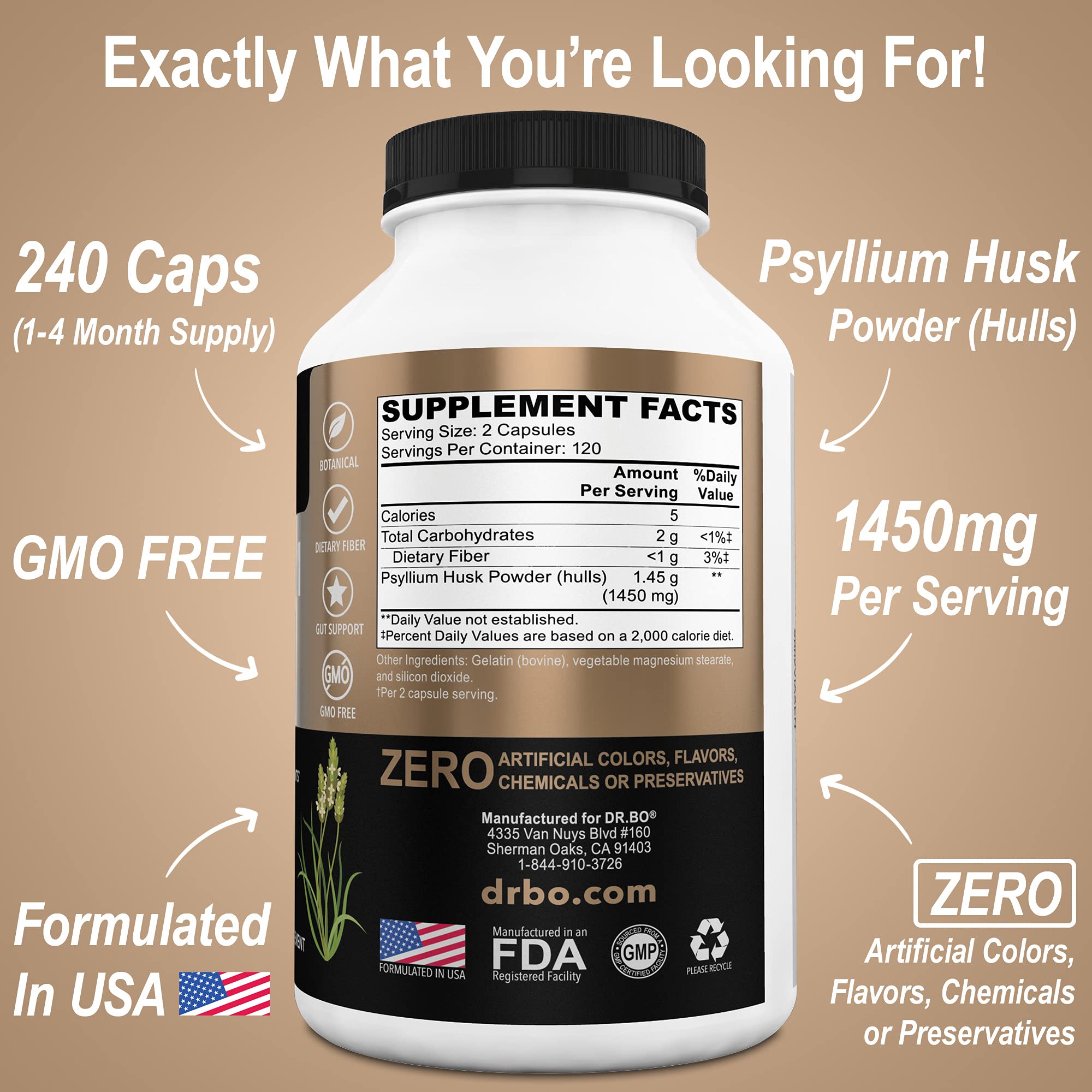 Foto 5 pulgar | Suplemento De Fibra Psyllium Husk Capsule Dr. Bo Daily Dose - Venta Internacional.