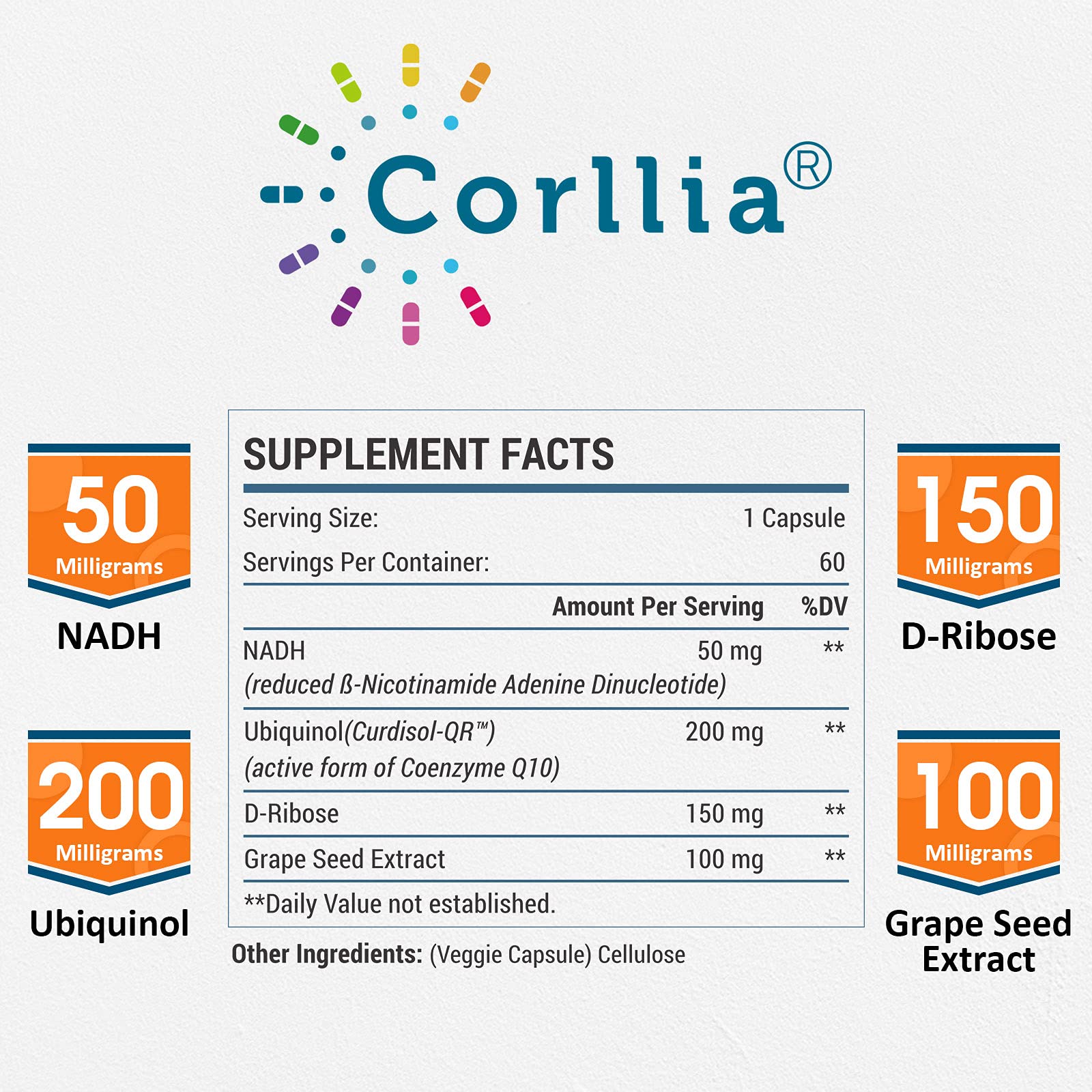 Foto 3 pulgar | Suplemento Corllia Nadh 50 Mg + Coq10 200 Mg + D-ribosa 150 Mg - Venta Internacional.