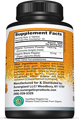 Foto 3 pulgar | Suplemento Sunergetic Usda De Cúrcuma Orgánica, 1400 Mg, 60 Tabletas - Venta Internacional.
