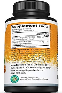 Foto 2 | Suplemento Sunergetic Usda De Cúrcuma Orgánica, 1400 Mg, 60 Tabletas - Venta Internacional.