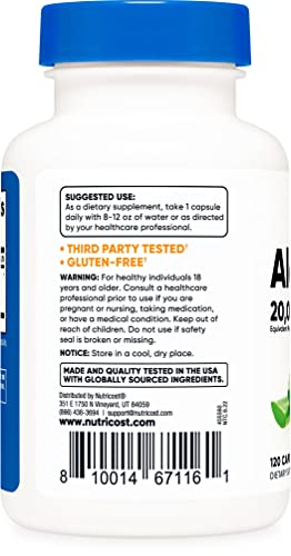 Foto 4 pulgar | Suplemento Nutricost Aloe Vera 20.000 Mg 120 Cápsulas - Venta Internacional.