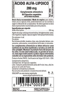 Foto 6 | Suplemento De Ácido Alfa Lipoico Solgar 200 Mg 50 Cápsulas - Venta Internacional.