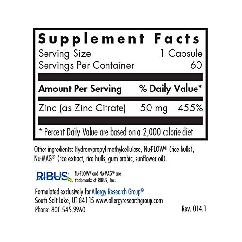Foto 3 pulgar | Suplemento De Citrato De Zinc Para Allergy Research Group, 50 Mg, 60 Cápsulas - Venta Internacional.