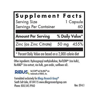 Foto 2 | Suplemento De Citrato De Zinc Para Allergy Research Group, 50 Mg, 60 Cápsulas - Venta Internacional.