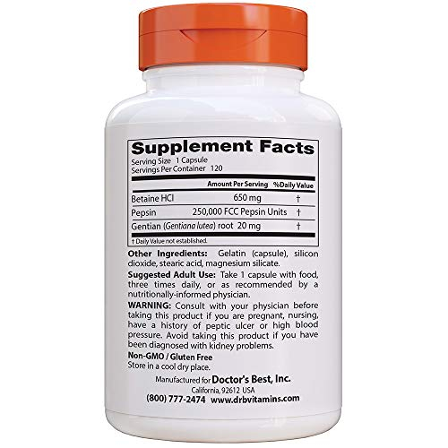 Foto 3 pulgar | Suplemento Doctor's Best Betaine Hci Pepsin And Gentian Bitter 120 Cápsulas-Venta Internacional
