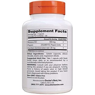 Foto 2 | Suplemento Doctor's Best Betaine Hci Pepsin And Gentian Bitter 120 Cápsulas-Venta Internacional