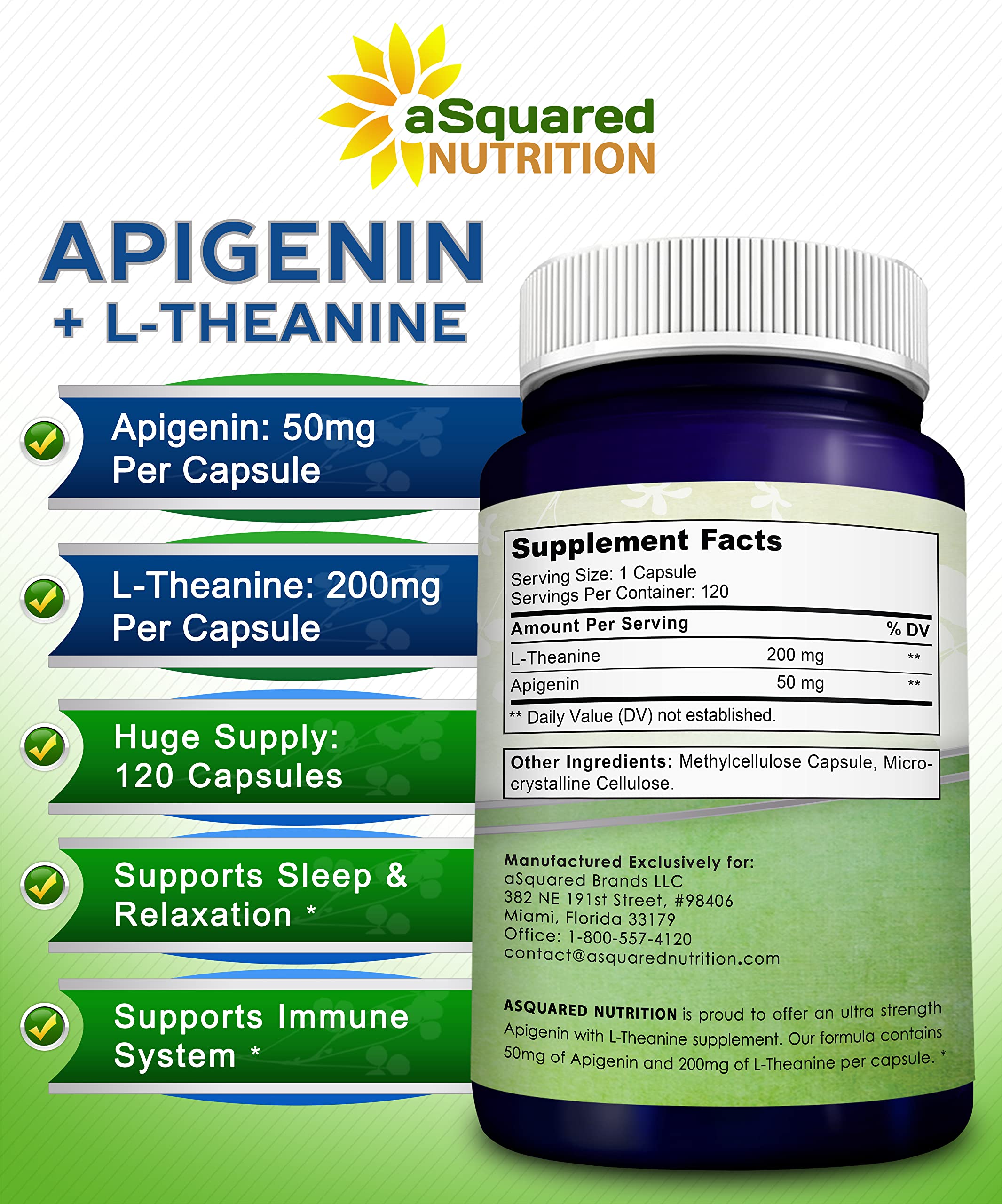 Foto 5 pulgar | Suplemento de 50 mg de Apigenina y 200 mg de L-teanina aSquared Nutrition - Venta Internacional