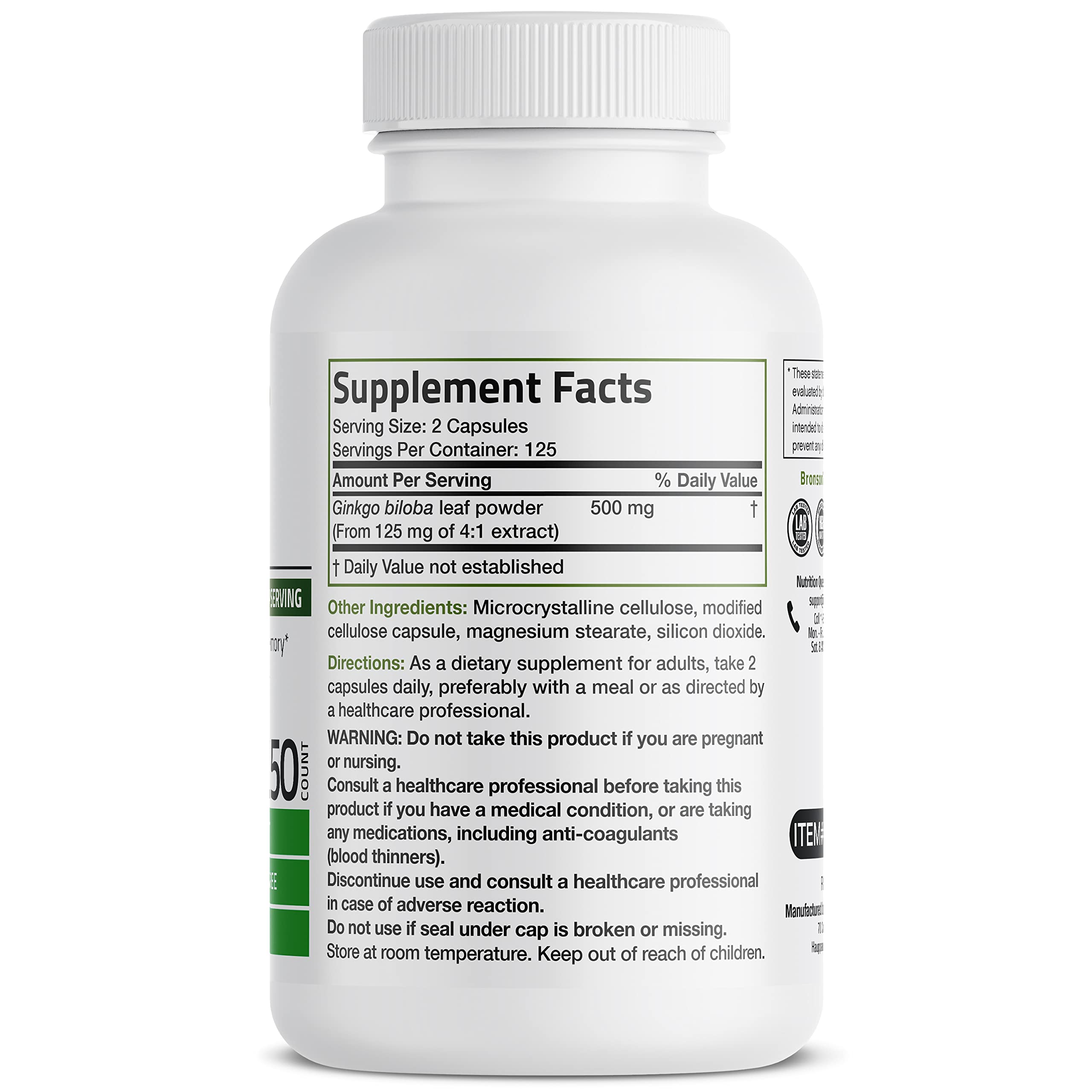 Foto 3 pulgar | Suplemento Bronson Ginkgo Biloba 500 mg Extra Strength - Venta Internacional