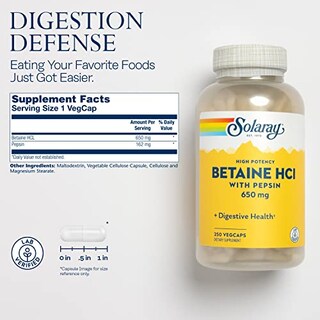 Foto 2 | Suplemento Solaray Betaína Hcl Con Pepsina 650 Mg 250 Cápsulas Vegetales - Venta Internacional.