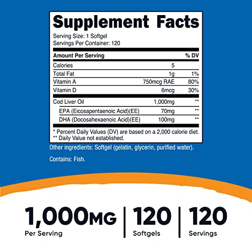 Foto 3 pulgar | Suplemento Nutricost Aceite De Hígado De Bacalao 1000 Mg 120 Cápsulas Blandas - Venta Internacional.