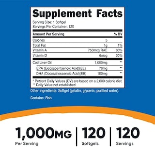 Foto 2 | Suplemento Nutricost Aceite De Hígado De Bacalao 1000 Mg 120 Cápsulas Blandas - Venta Internacional.