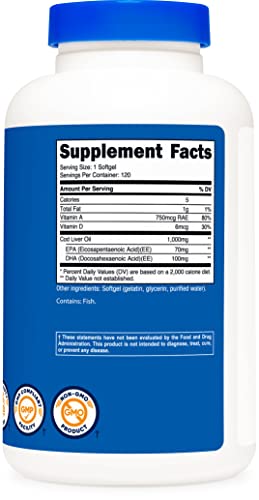 Foto 5 pulgar | Suplemento Nutricost Aceite De Hígado De Bacalao 1000 Mg 120 Cápsulas Blandas - Venta Internacional.
