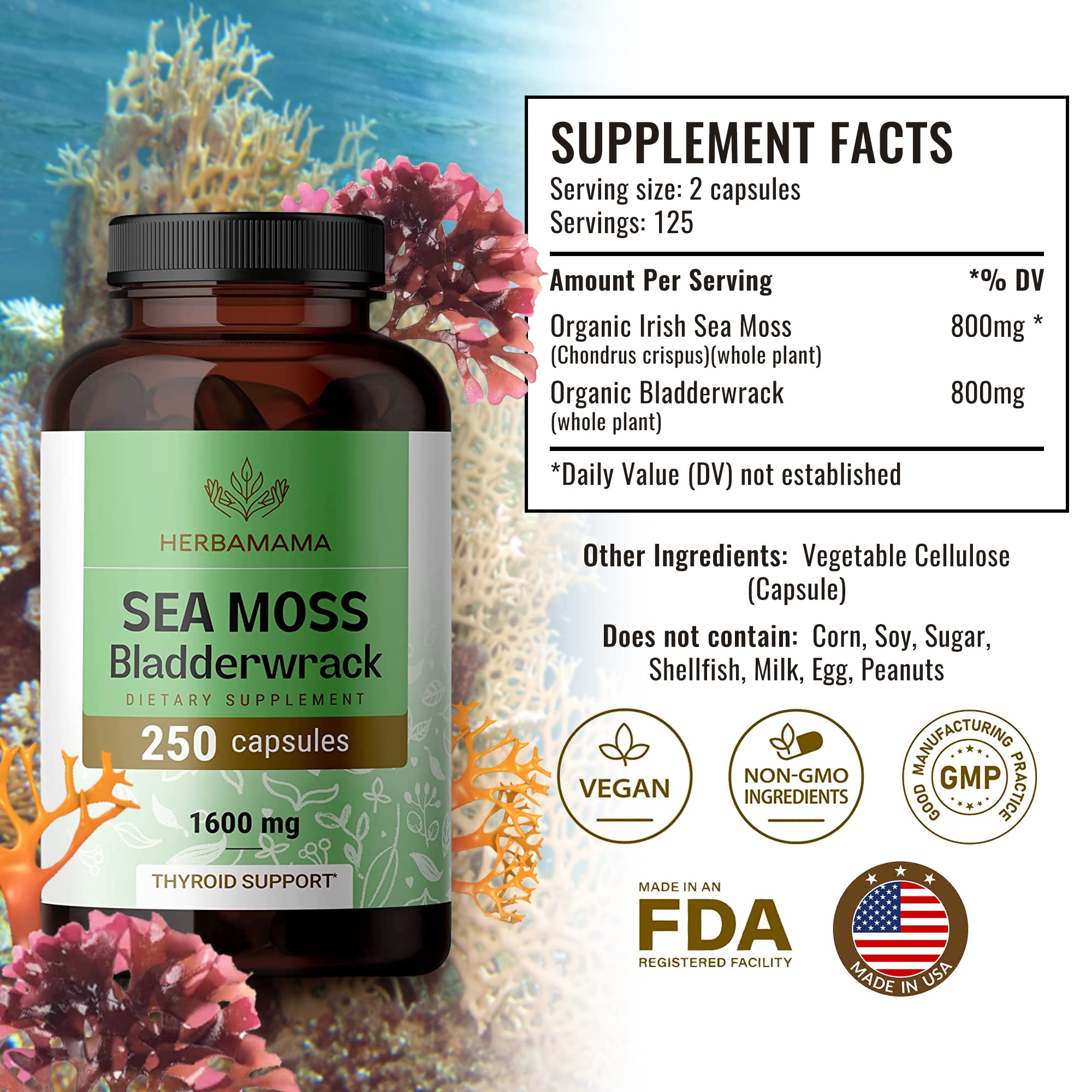 Foto 3 pulgar | Suplemento Herbamama Sea Moss Bladderwrack, Cápsulas De 250 Unidades - Venta Internacional.