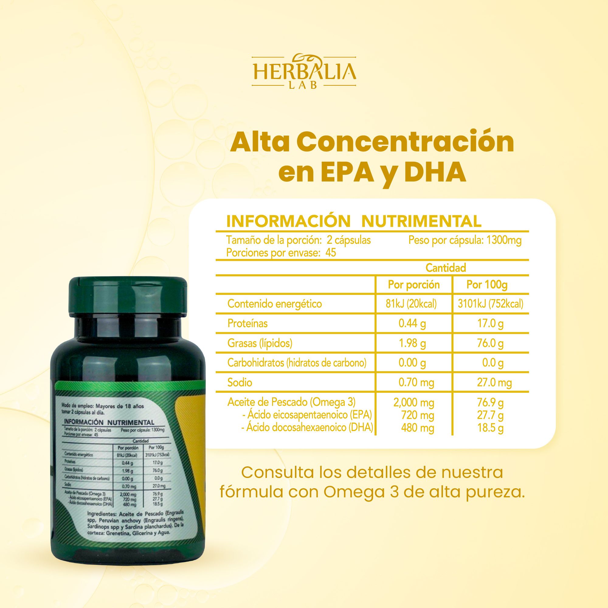Foto 6 pulgar | Omega 3 Gold de Alta Potencia EPA 180 DHA 120 de Herbalia Lab
