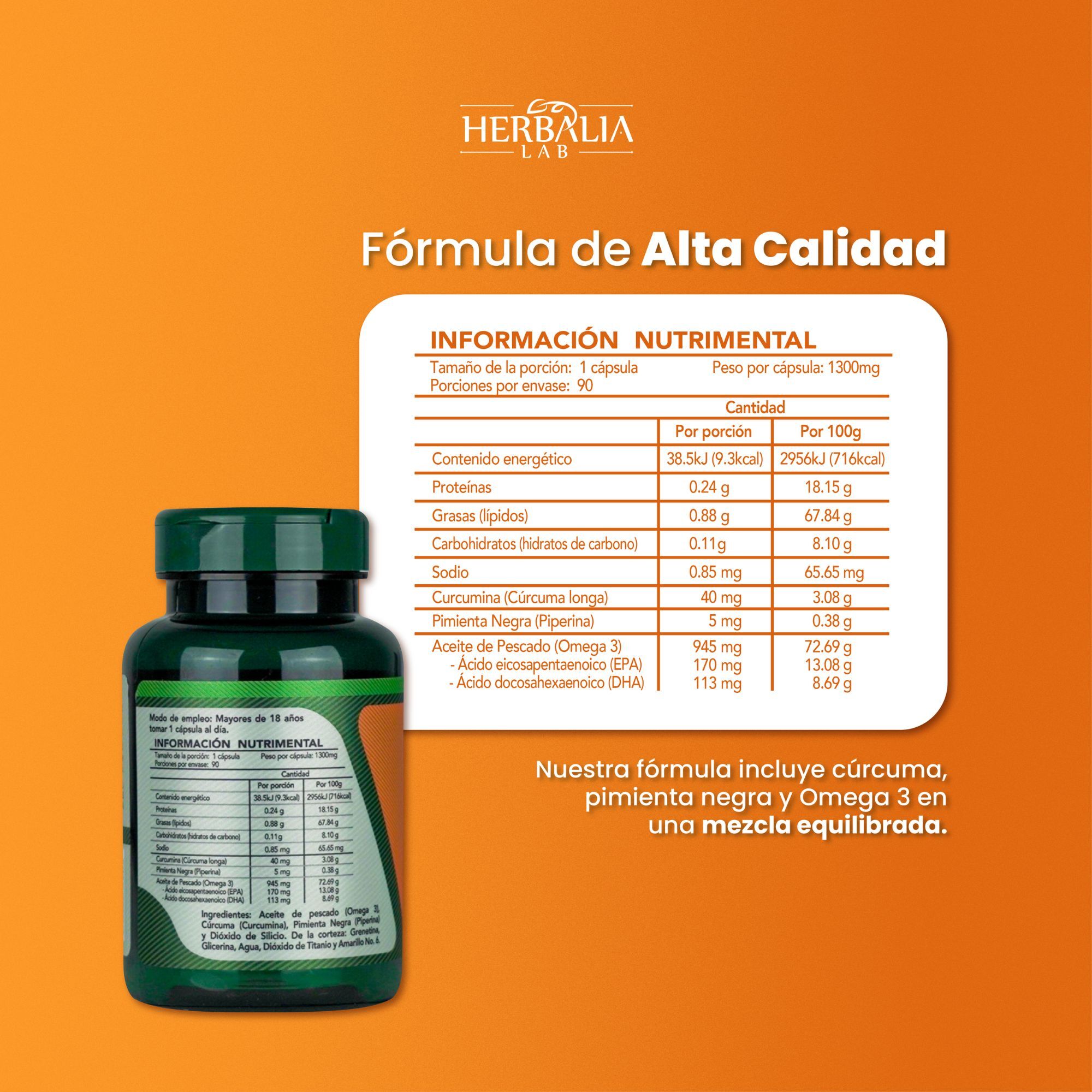 Foto 6 pulgar | Curcumina Potenciada con Pimienta Negra y Omega 3 Herbalia Lab