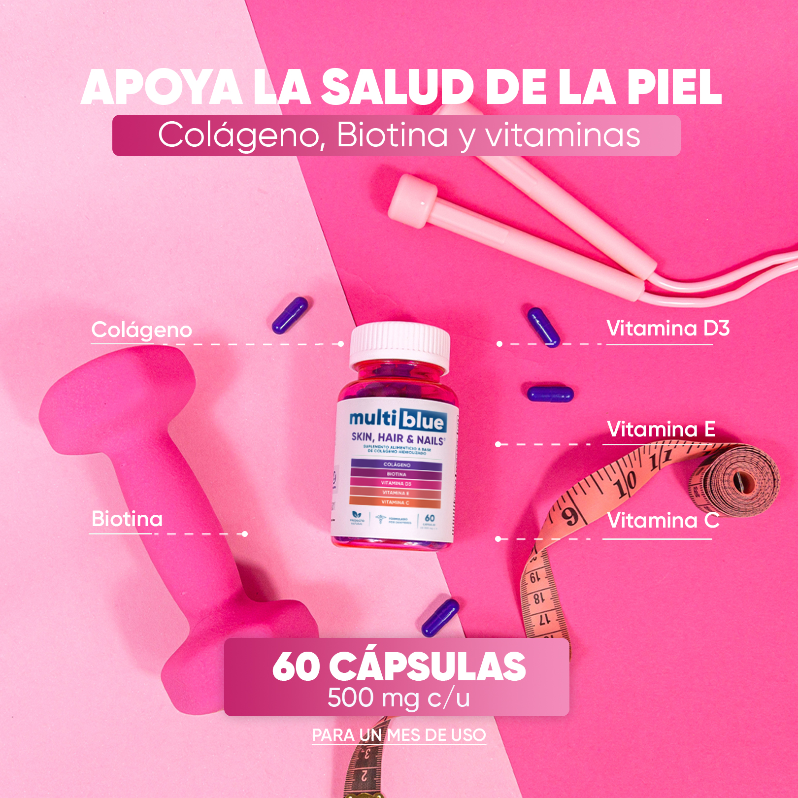 Foto 2 | Cápsulas con Colágeno Y Biotina MultiBlue - 60 Unidades