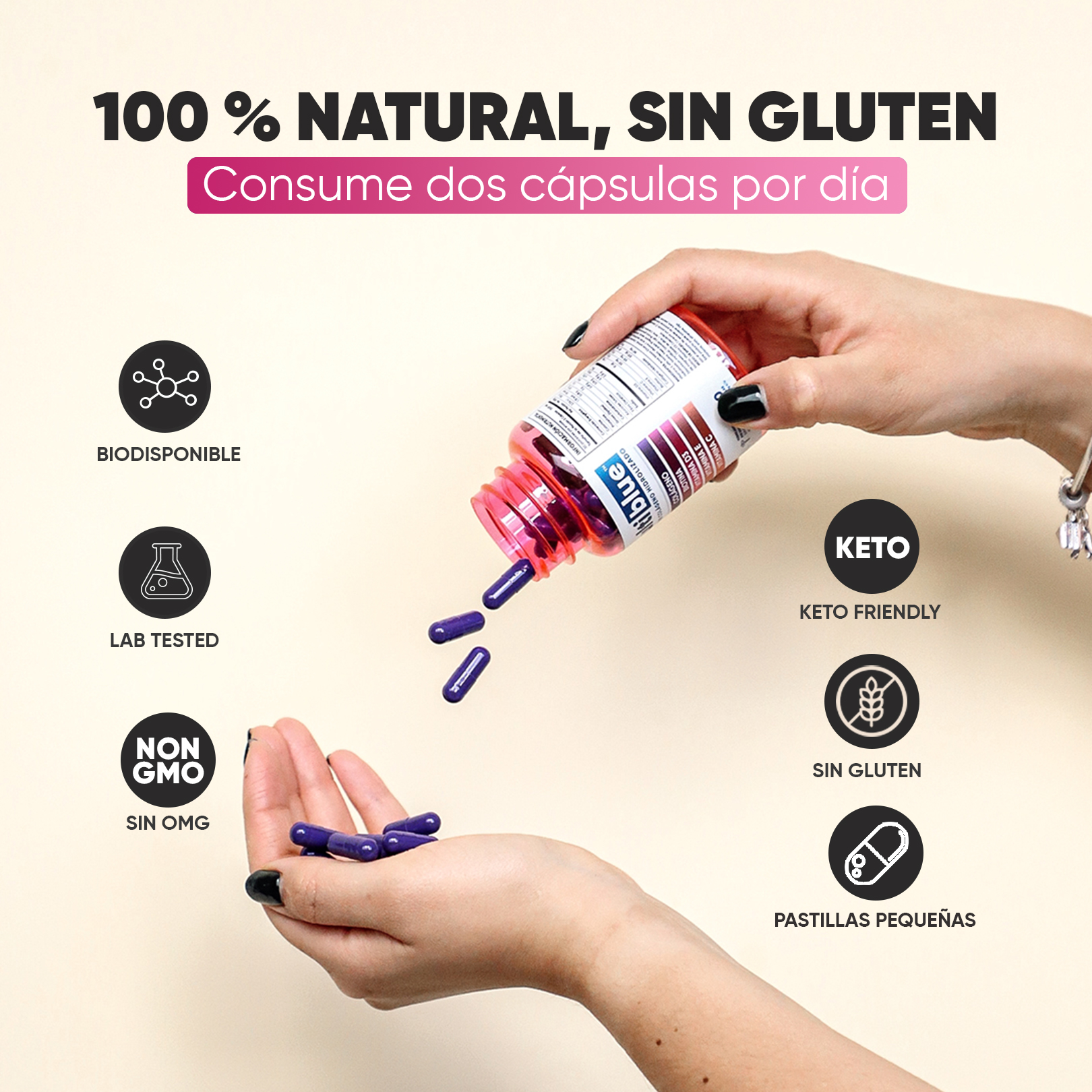 Foto 5 pulgar | Cápsulas con Colágeno Y Biotina MultiBlue - 60 Unidades
