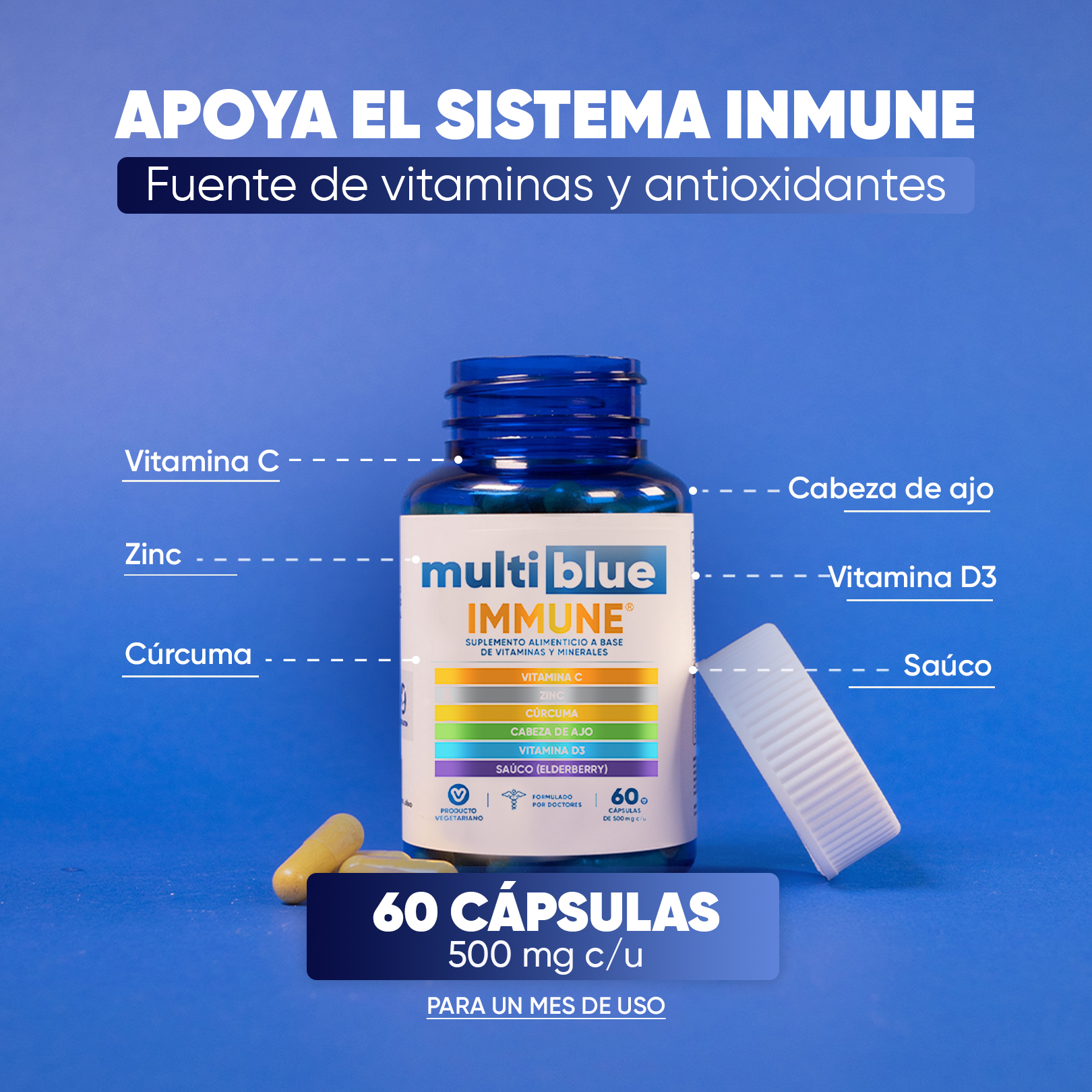 Foto 3 pulgar | Suplemento MultiBlue con Vitamina C Zinc Y Cúrcuma - 60 Cápsulas