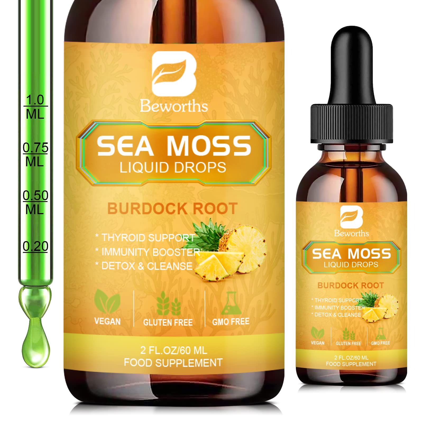 Foto 2 pulgar | Sea Moss Liquid Drops B Beworths Organic Con Raíz De Bardana - Venta Internacional.