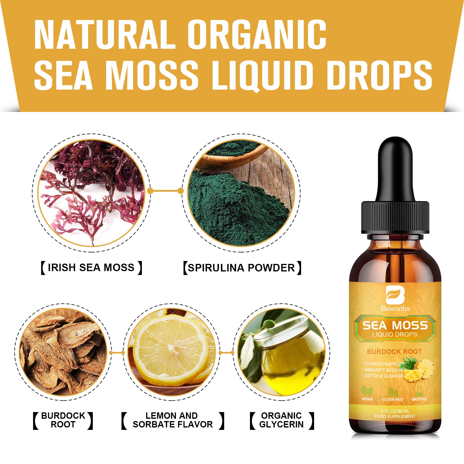 Foto 4 pulgar | Sea Moss Liquid Drops B Beworths Organic Con Raíz De Bardana - Venta Internacional.