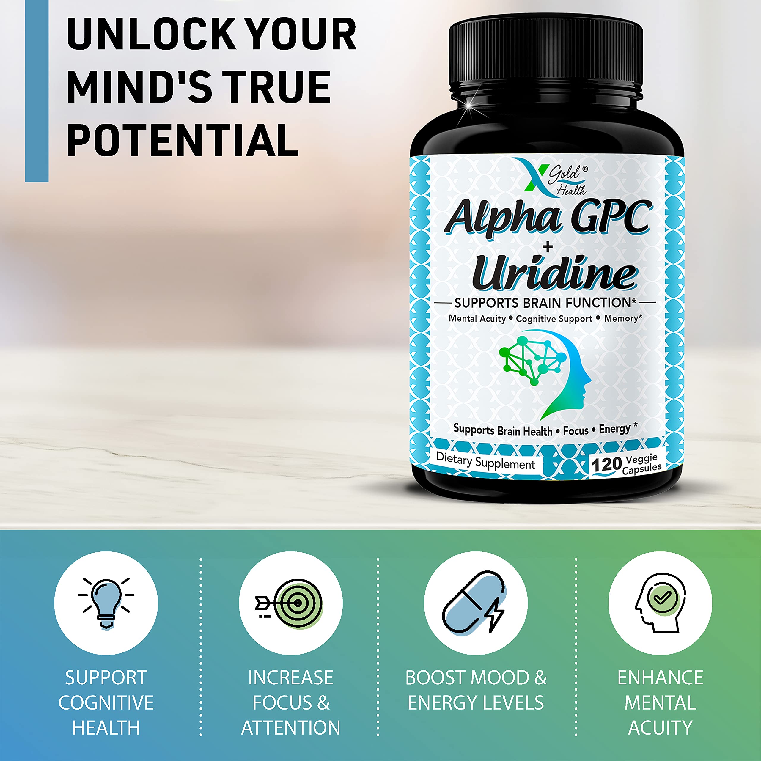 Foto 5 pulgar | Suplemento X Gold Health Alpha Gpc Colina 600 Mg + Uridina 3 - Venta Internacional.