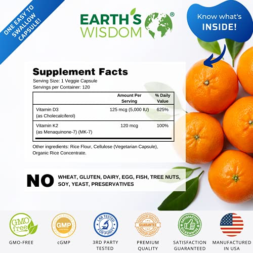 Foto 4 pulgar | Suplemento Earth's Wisdom De Vitamina D3 5000 Ui Con K2 Mk7 120 C - Venta Internacional.