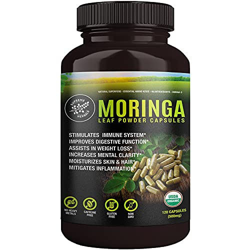 Cápsulas En Polvo De Hoja De Moringa De Supreme Herbals, 500 Mg, 120 Unidades - Venta Internacional.