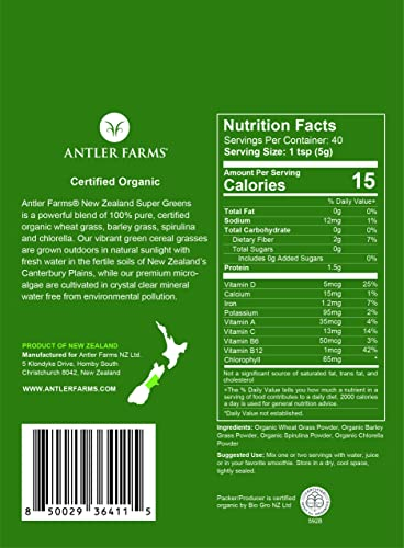 Foto 3 pulgar | Polvo Super Greens Antler Farms 100% Orgánico, 200 G, 40 Porciones - Venta Internacional.