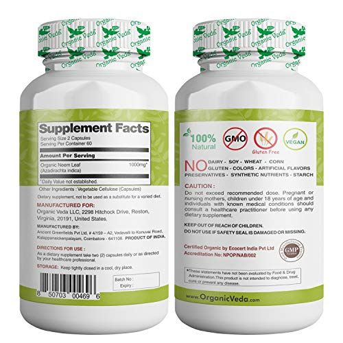 Foto 3 pulgar | Suplemento Orgánico Veda Neem En Cápsulas, 120 Cápsulas Vegetarianas - Venta Internacional.