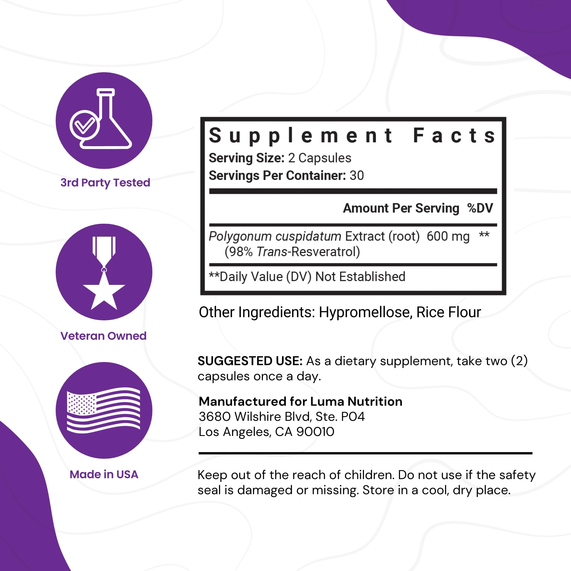 Foto 3 pulgar | Suplemento Luma Nutrition De Resveratrol De Alta Pureza 98% Trans - Venta Internacional.