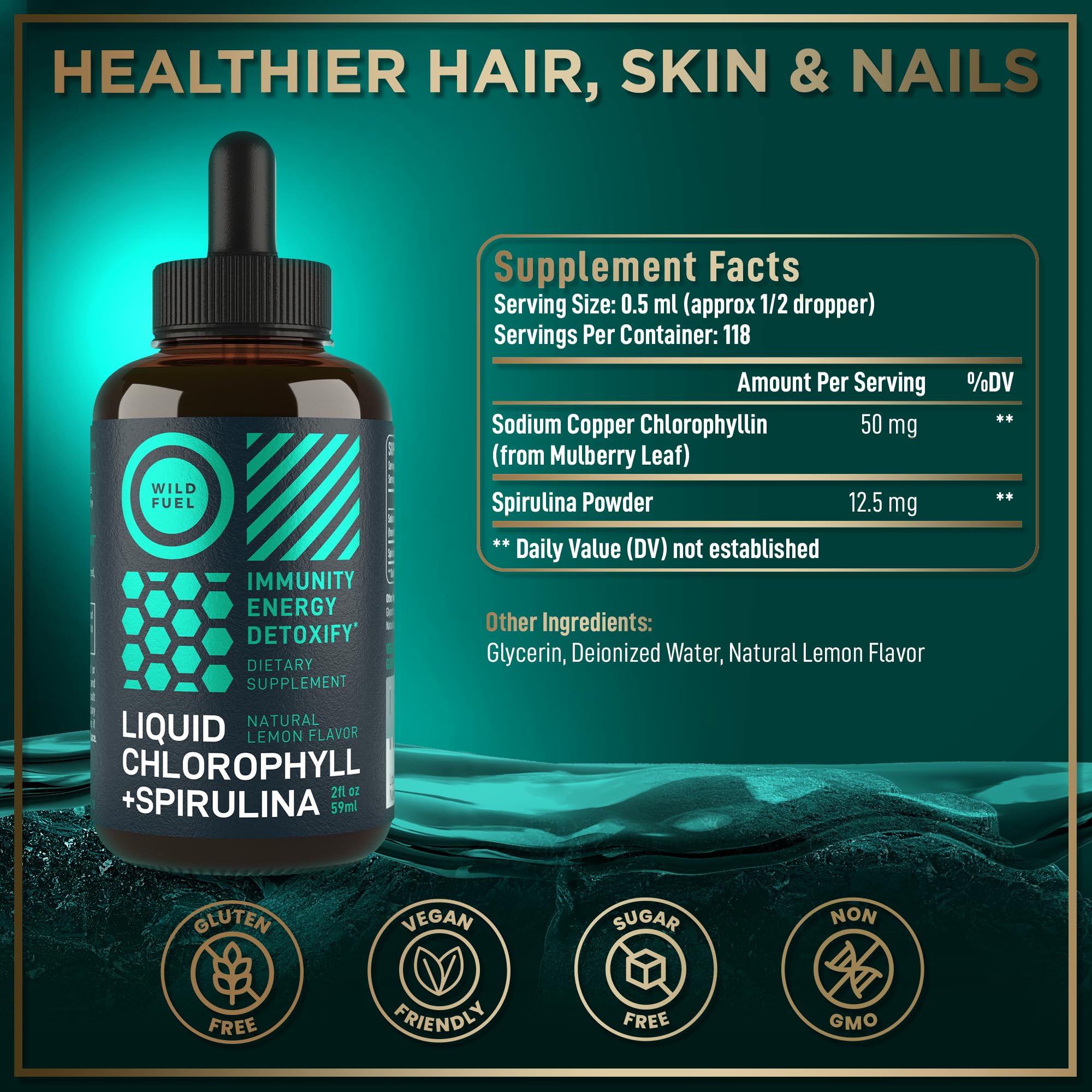 Foto 4 pulgar | Gotas De Clorofila Líquida Con Espirulina Wild Fuel 30 Ml - Venta Internacional.