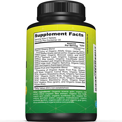 Foto 3 pulgar | Suplemento Sunergetic Premium Usda Organic Greens 60 Comprimidos - Venta Internacional.