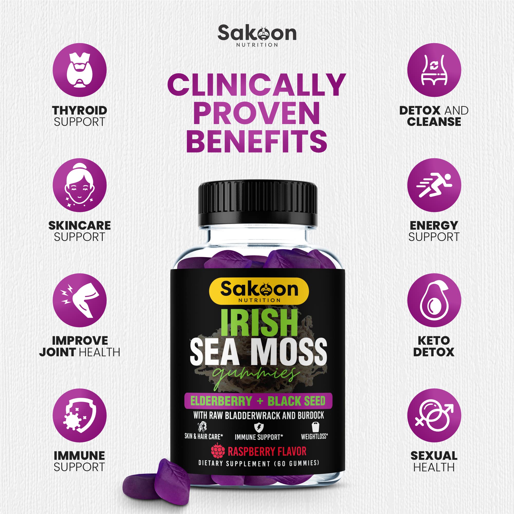 Foto 4 pulgar | Suplemento De Gomitas Irlandesas Con Musgo Marino De Sakoon Nutrition Con Saúco - Venta Internacional.