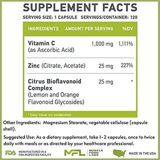 Foto 2 | Suplemento Muscle Food Labs C-1000 De Vitamina C 1000 Mg Más Zinc 2 - Venta Internacional.