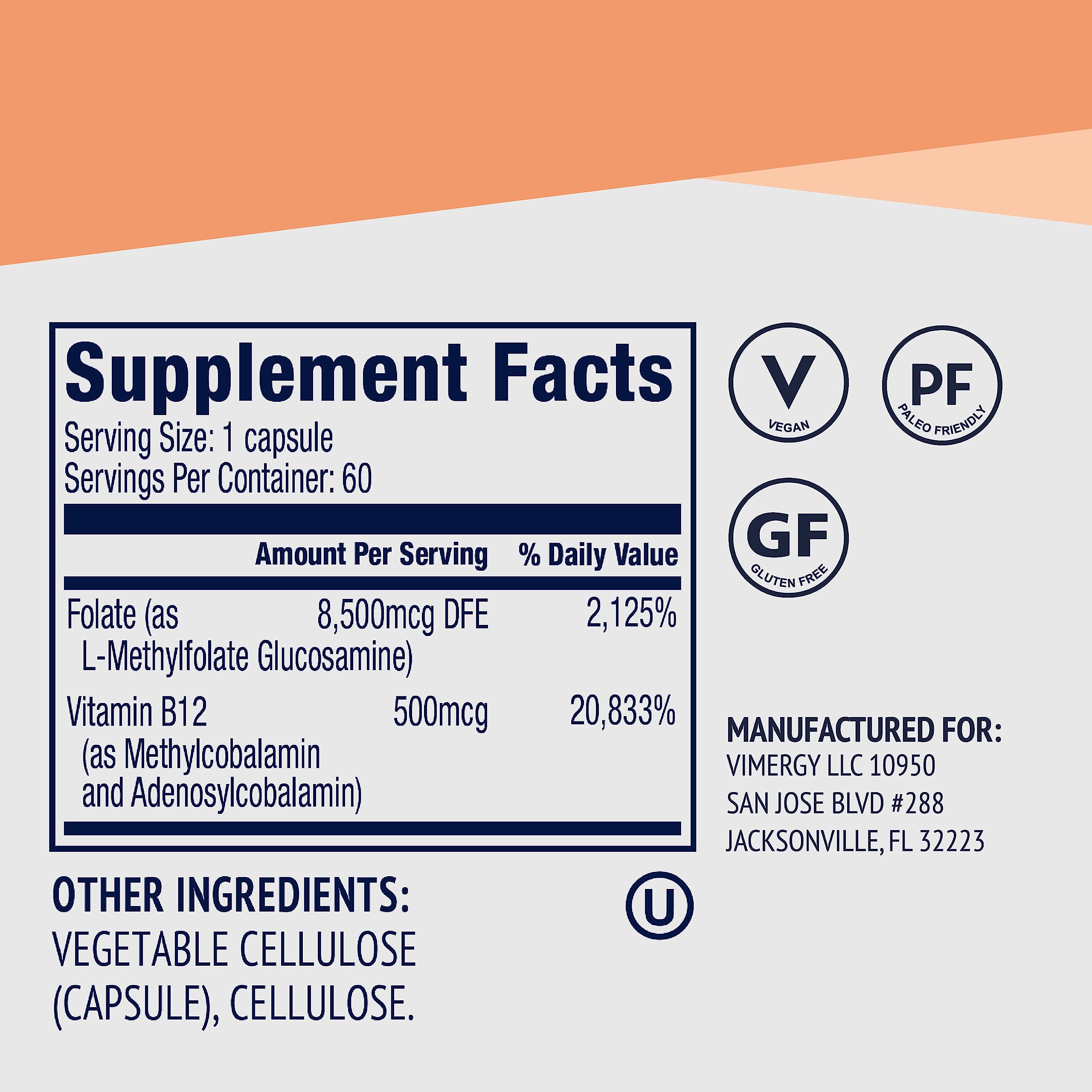 Foto 5 pulgar | Suplemento Vimergy 5-mthf De 5 Mg (5000 Mcg) Con Vitamina B12, 60 Porciones - Venta Internacional.