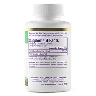 Foto 2 | Suplemento Paradise Herbs De Camu Camu Orgánico 400 Mg 60 Cápsulas - Venta Internacional.