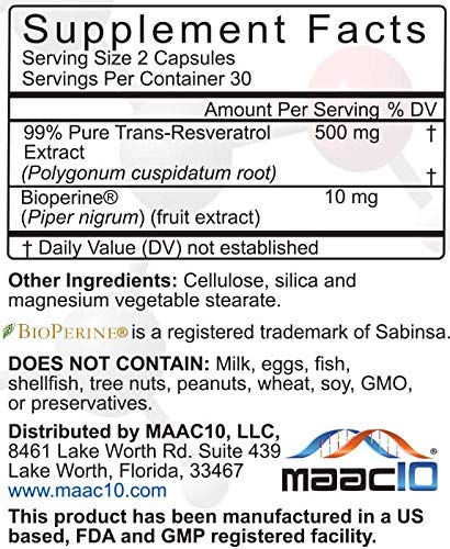 Foto 3 pulgar | Suplemento Maac10 Trans Resveratrol 500 Mg Con Bioperine 60 Unidades - Venta Internacional.