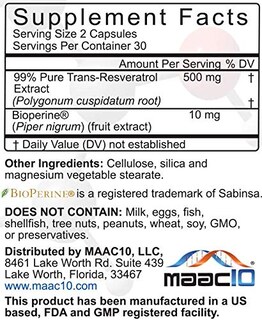 Foto 2 | Suplemento Maac10 Trans Resveratrol 500 Mg Con Bioperine 60 Unidades - Venta Internacional.