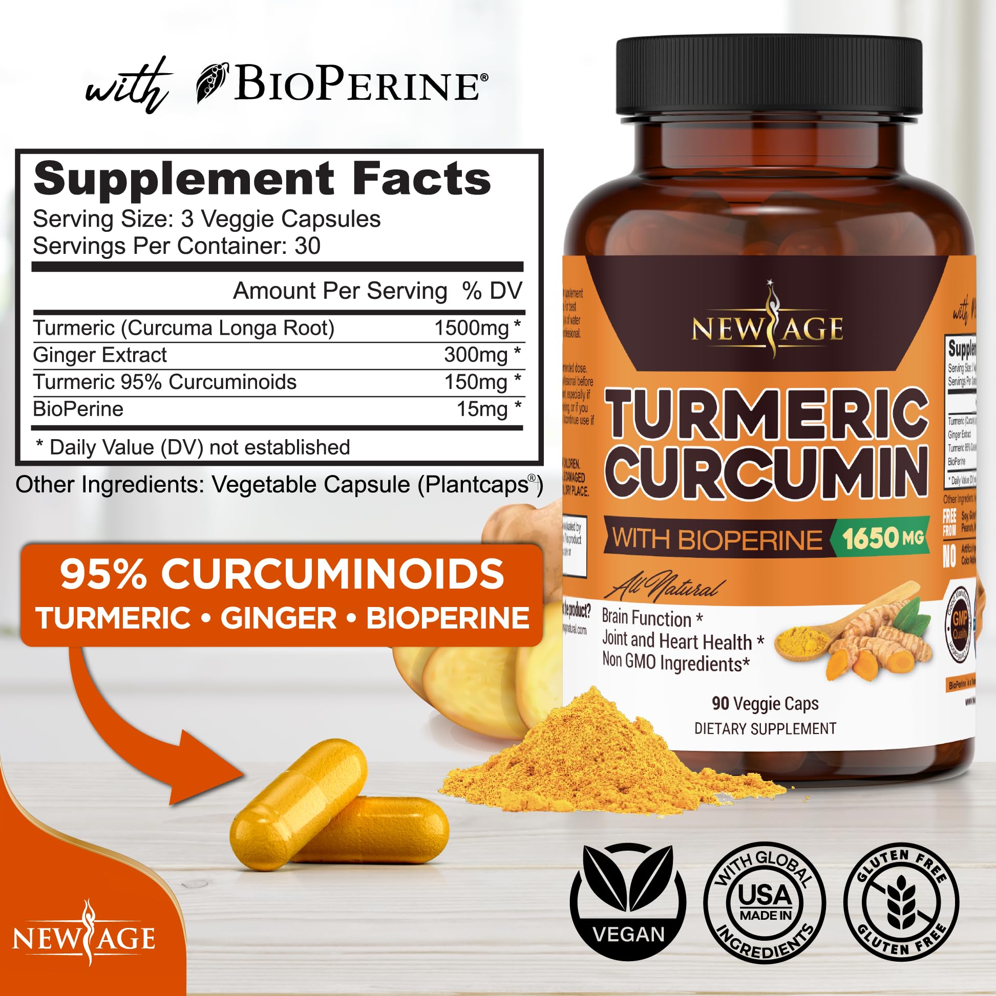 Foto 3 pulgar | Complementa La Curcumina De Cúrcuma New Age Con Bioperine 180 Cápsulas - Venta Internacional.