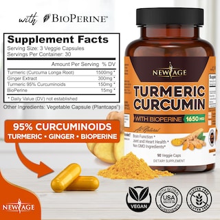 Foto 2 | Complementa La Curcumina De Cúrcuma New Age Con Bioperine 180 Cápsulas - Venta Internacional.