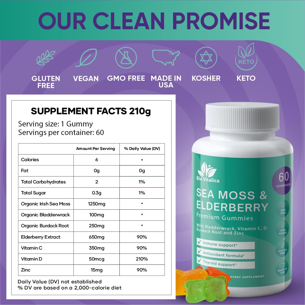 Foto 3 pulgar | Suplemento Bio Vitalica Sea Moss Gomies Con Saúco 60u - Venta Internacional.