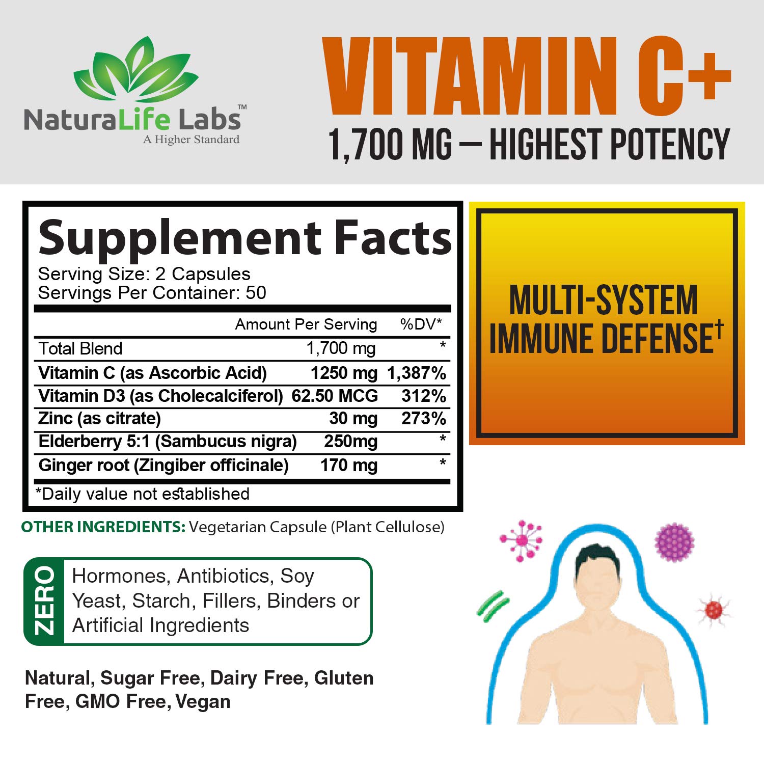 Foto 2 | Suplemento Naturalife Labs De Vitamina C 1700 Mg Con Vitamina D3 10 - Venta Internacional.